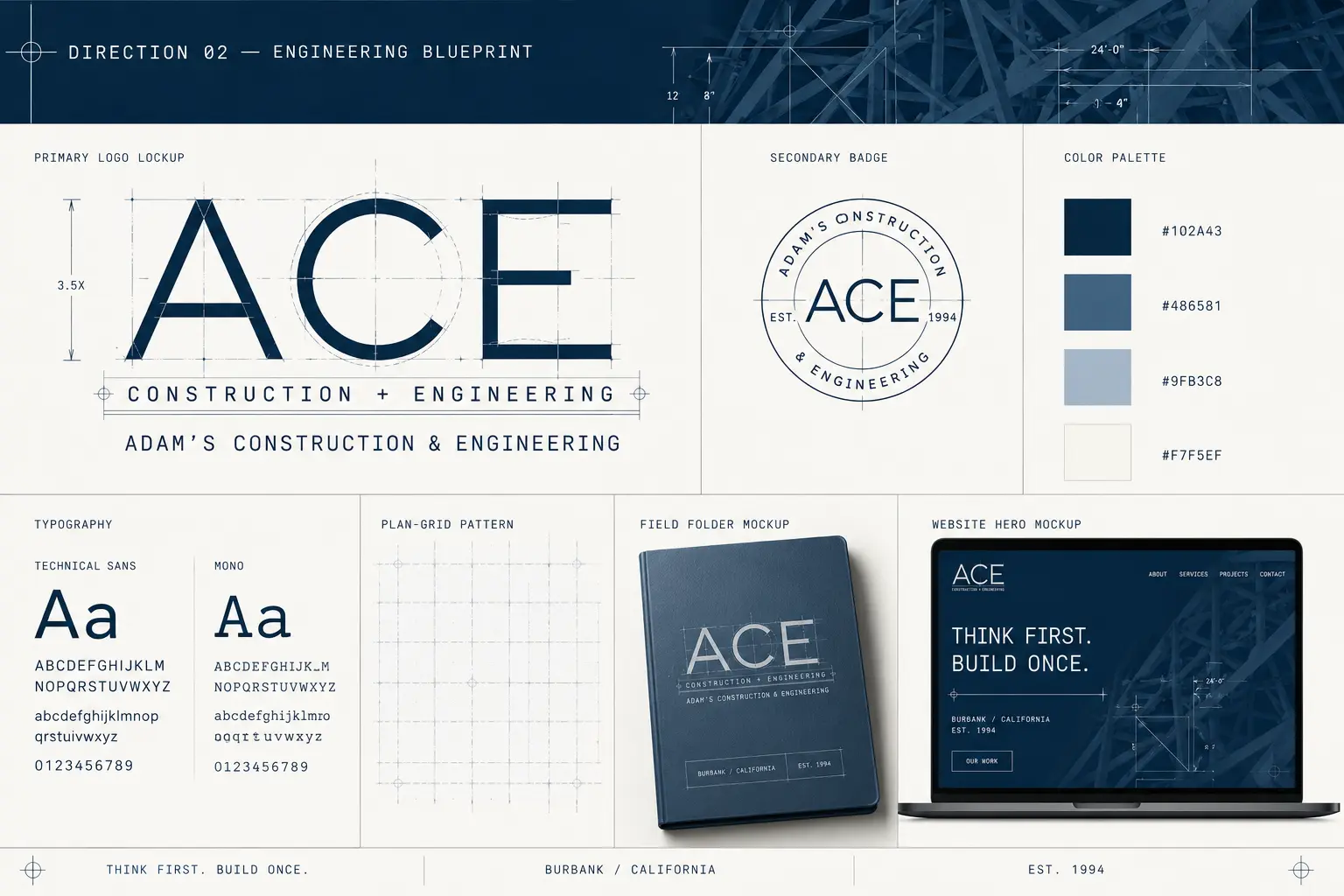 Engineering Blueprint brand board with logo, colors, and typography
