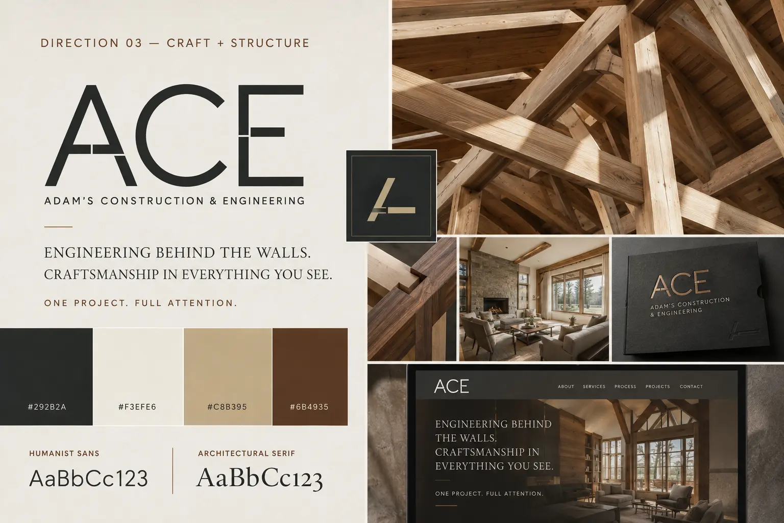 Craft + Structure brand board with logo, colors, and typography