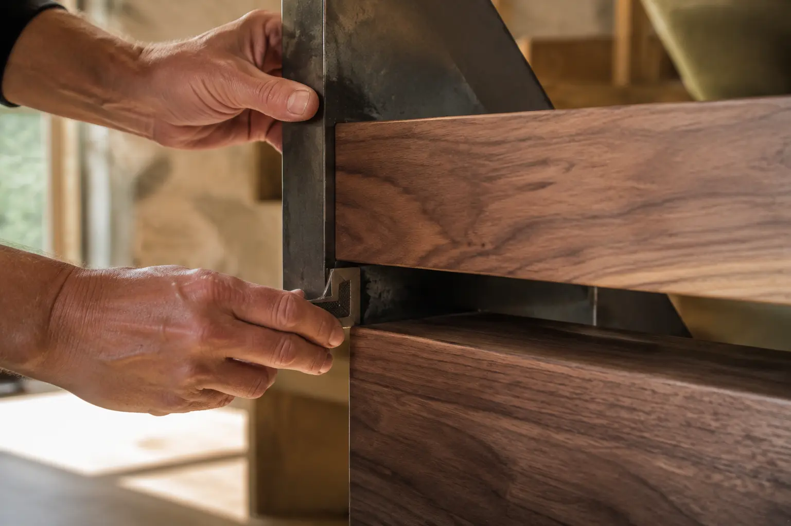 Craftsman's hands fitting a wood joint during finish carpentry