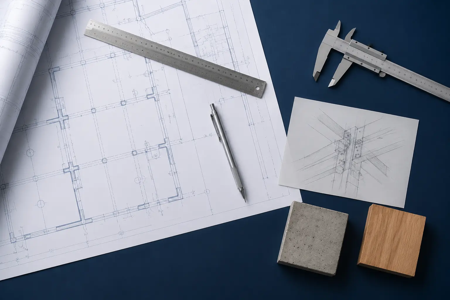 Structural drawings and drafting tools laid out on a plan table