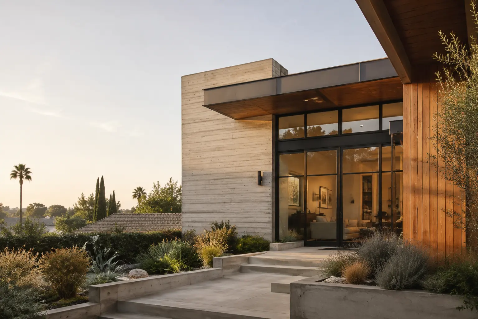 Completed modern home exterior with board-formed concrete, wood siding, and steel-framed glazing