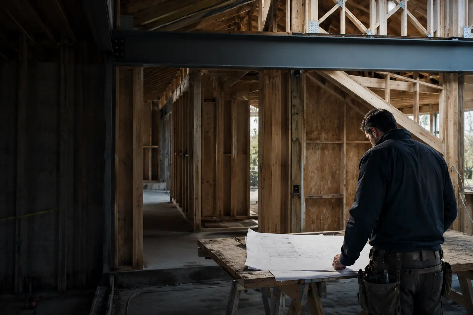 Builder reviewing construction drawings on a work table inside a framed structure with a steel beam